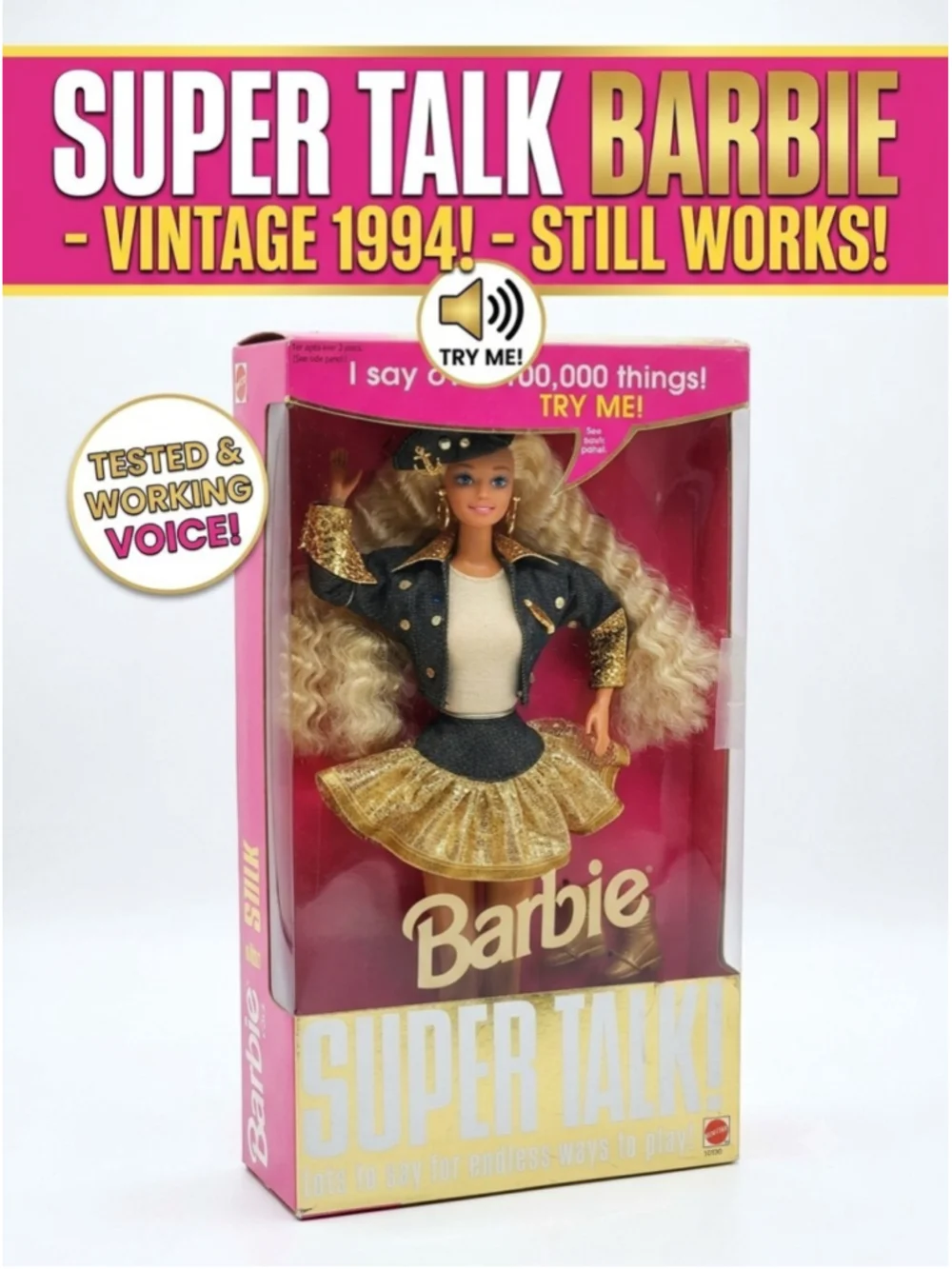 Vintage 1994 Super Talk Barbie Doll Mattel 12290 Denim Gold Outfit WORKING NIB